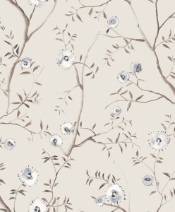 SUM206 Summer Tapeta biała, szara, jasna, listki, kwiaty, gałązki, przyrodnicza, botaniczna, roślinna