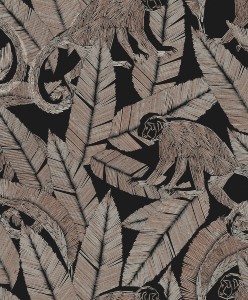 Khroma TRI001 Tribute Tapeta czarna małpy liście flizelinowa wypukła dżungla motyw flory i fauny beżowy wzór