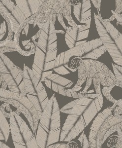 Khroma TRI002 Tribute Tapeta szara małpy liście flizelinowa wypukła dżungla motyw flory i fauny  beżowy wzór