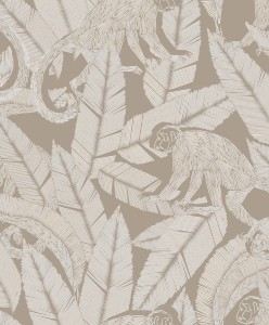 Khroma TRI003 Tribute Tapeta beżowa małpy liście flizelinowa wypukła dżungla motyw flory i fauny srebrny wzór