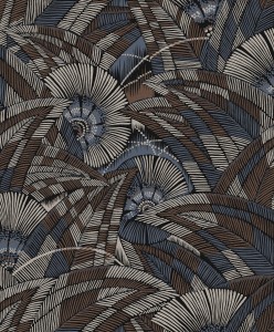 Khroma TRI401 Tribute Tapeta tropikalna egzotyczna liście kwiaty brązowa niebieska wzór srebrny
